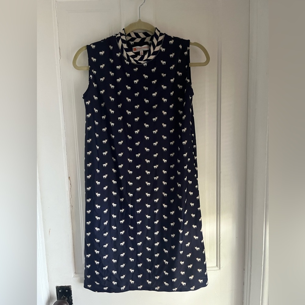 Jude Connally Rare Dog Print Sleeveless Dress size small blue and white